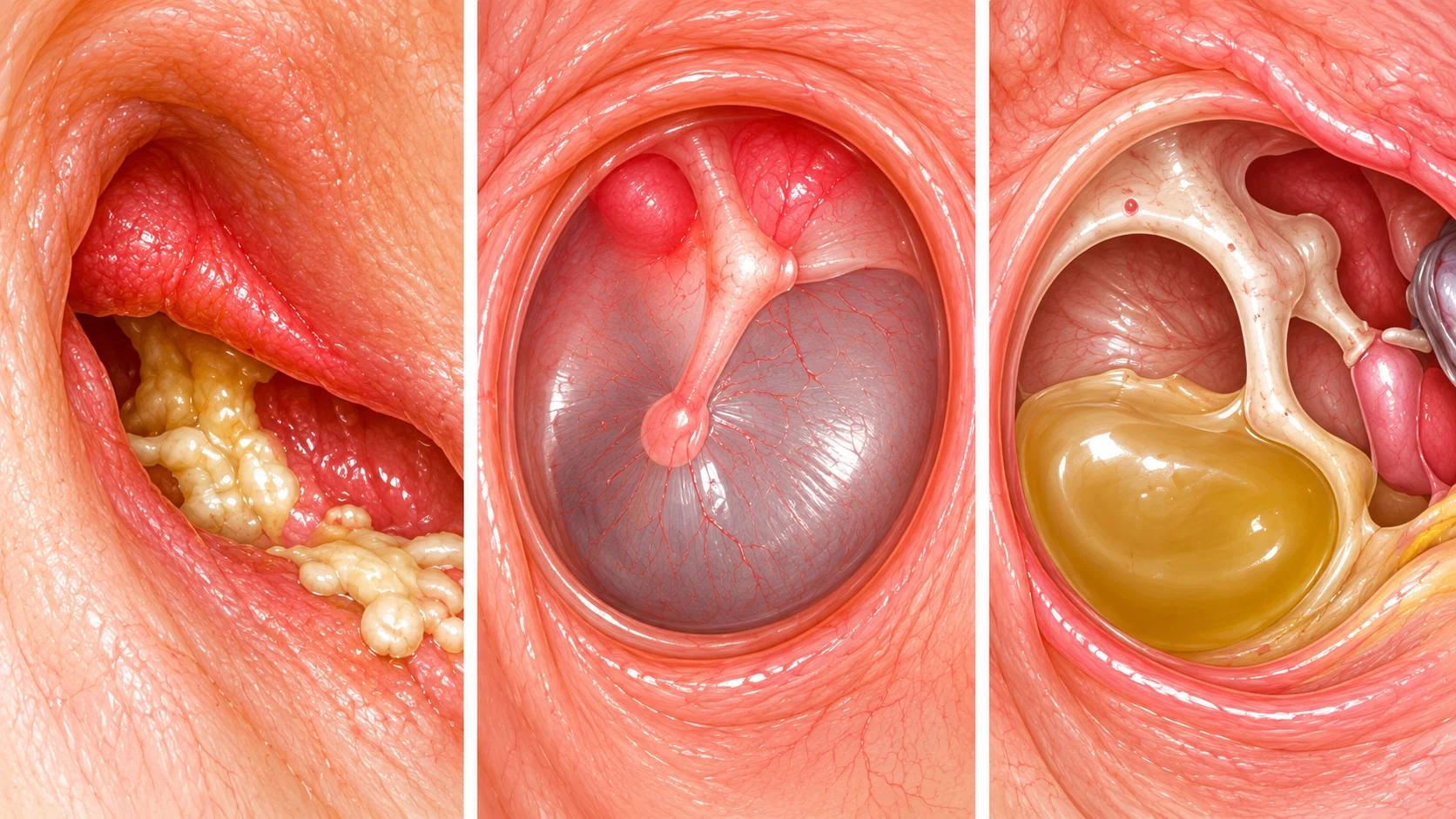 Tre illustrazioni dell’orecchio: otite esterna del condotto, otite media acuta con membrana timpanica infiammata e versamento nell’orecchio medio